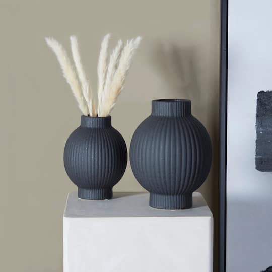 CosmoLiving by Cosmopolitan Black Ceramic Ribbed Vase Set of 2 11", 9"